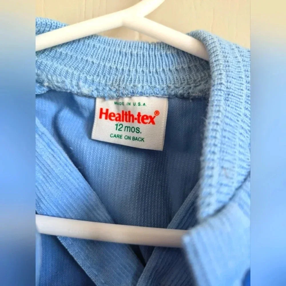 VTG 70s Health-tex Corduroy Overalls Jacket Set 12M Blue Sports Varsity Stripe